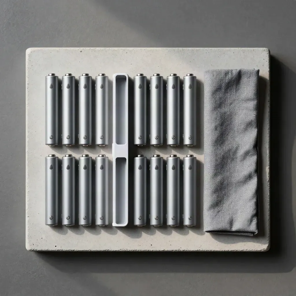 Overhead flatlay of rechargeable AA cells in a precise grid on concrete with linen fold