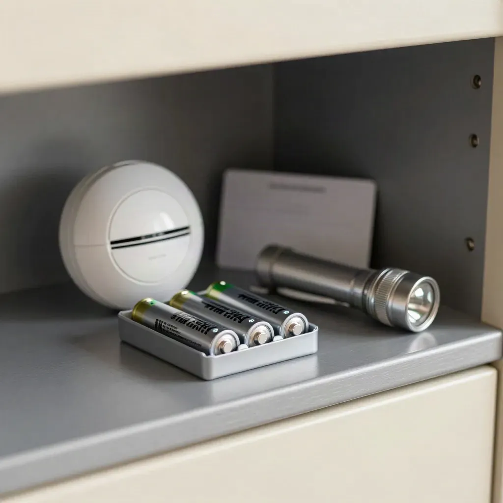 Battery pack with smoke-alarm shell, flashlight, and cable loop on a pewter shelf
