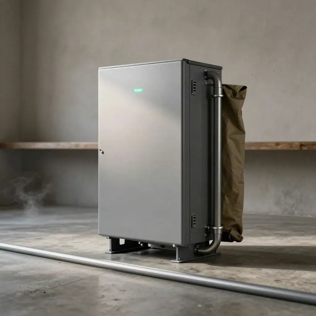 Solar storage pack with inverter box in a misty utility room, lit by soft daylight.