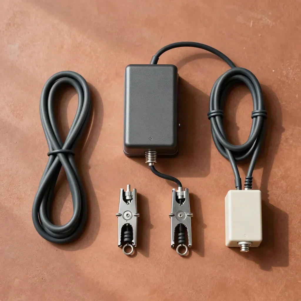 Overhead flatlay of a 12V battery charger with cables, clamps and ring connectors on terracotta concrete.